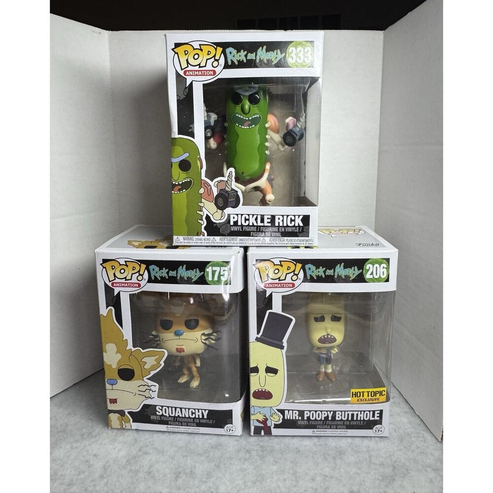 Funko Pop Rick and Morty Squanchy #175 Pickle Rick #333, And Mr Poopy Pants #206
